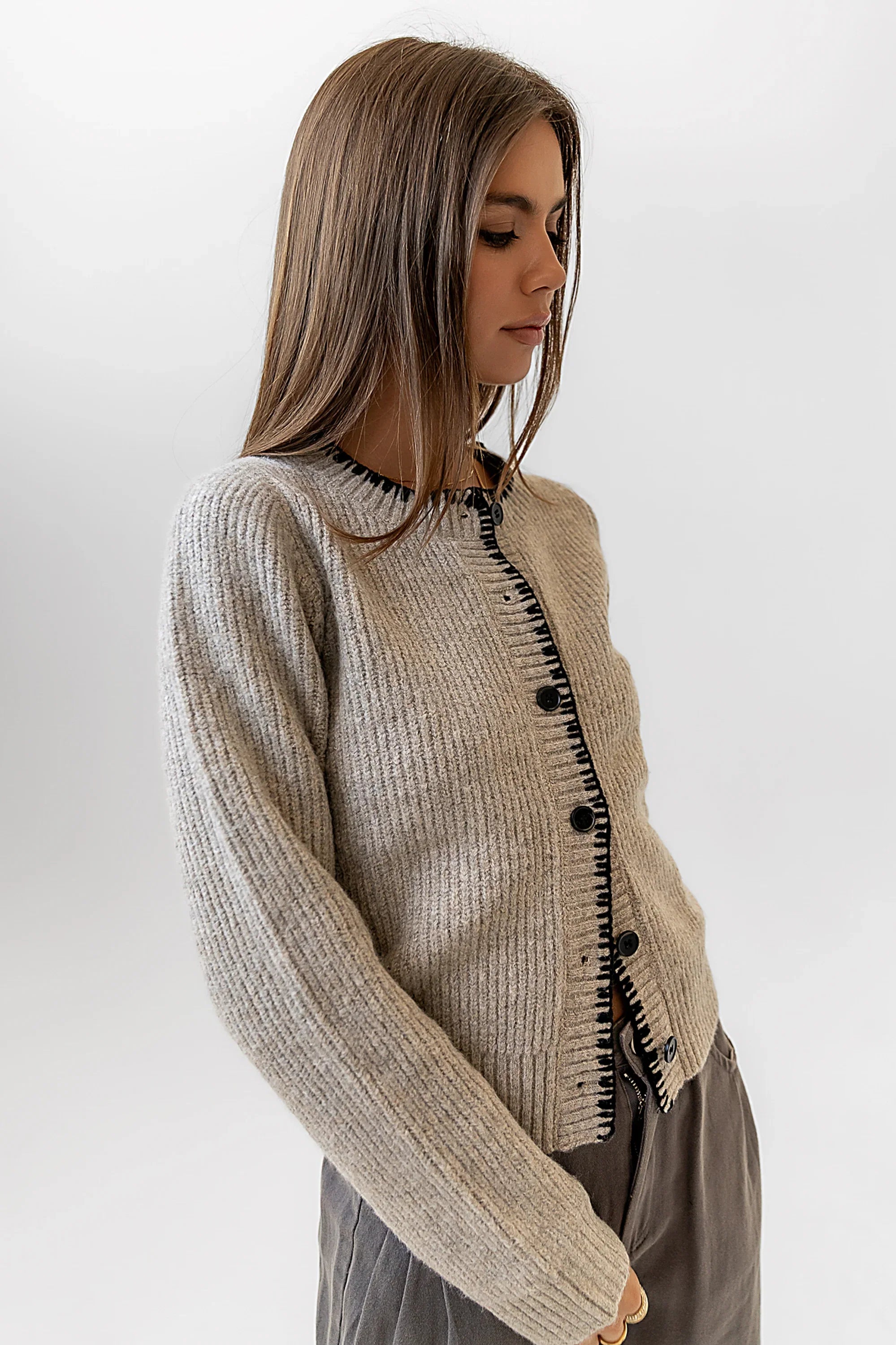 Darren Contrast Cardigan in Taupe