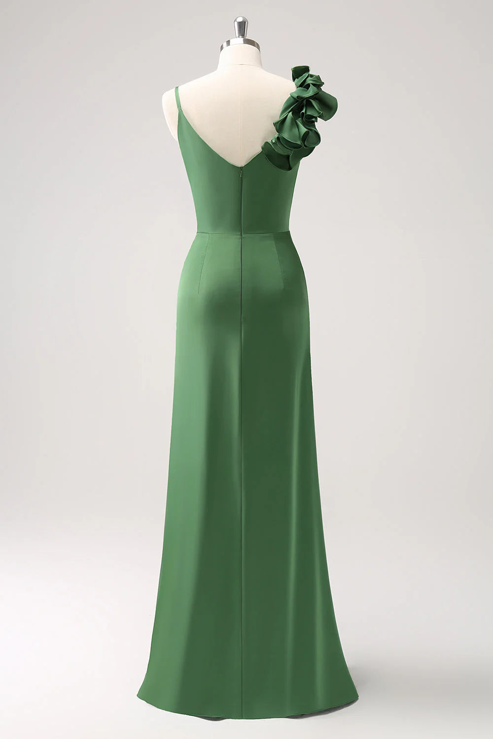 Olive Green Sheath Spaghetti Straps Pleated Satin Long Bridesmaid Dress with Slit