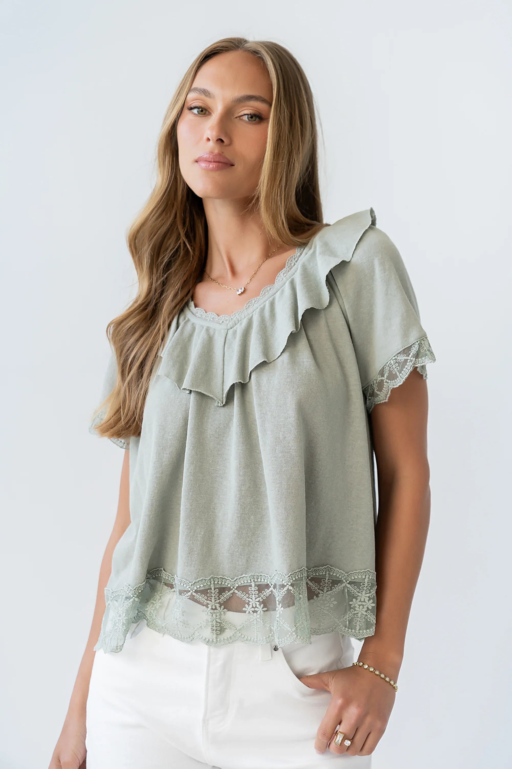 Lilian Lace Trim Top in Sage