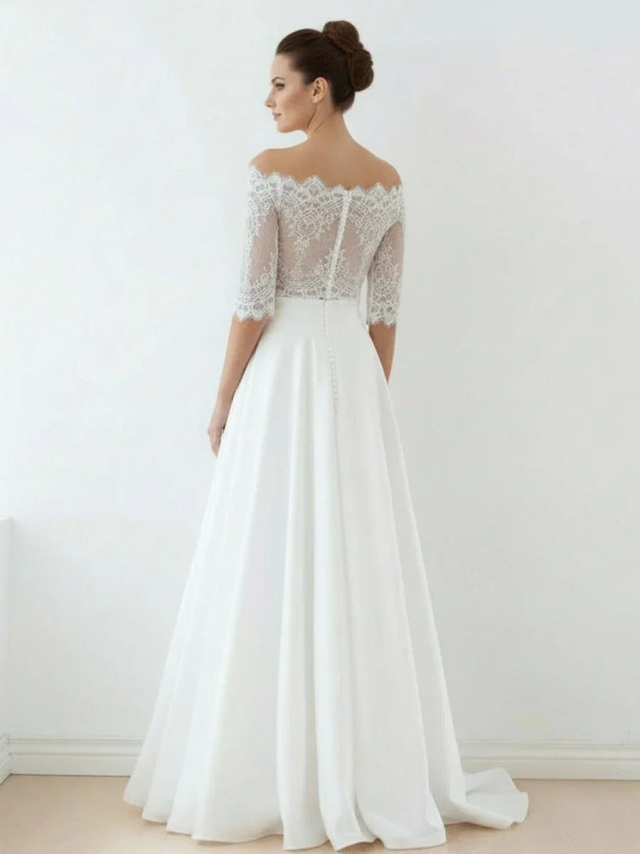 Off The Shoulder Lace A Line Satin Two Piece Wedding Dress With Sweep Train