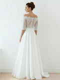 Off The Shoulder Lace A Line Satin Two Piece Wedding Dress With Sweep Train