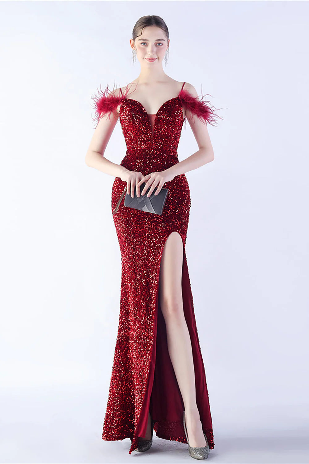 Mermaid Spaghetti Straps Sequin Formal Dress With Feathers