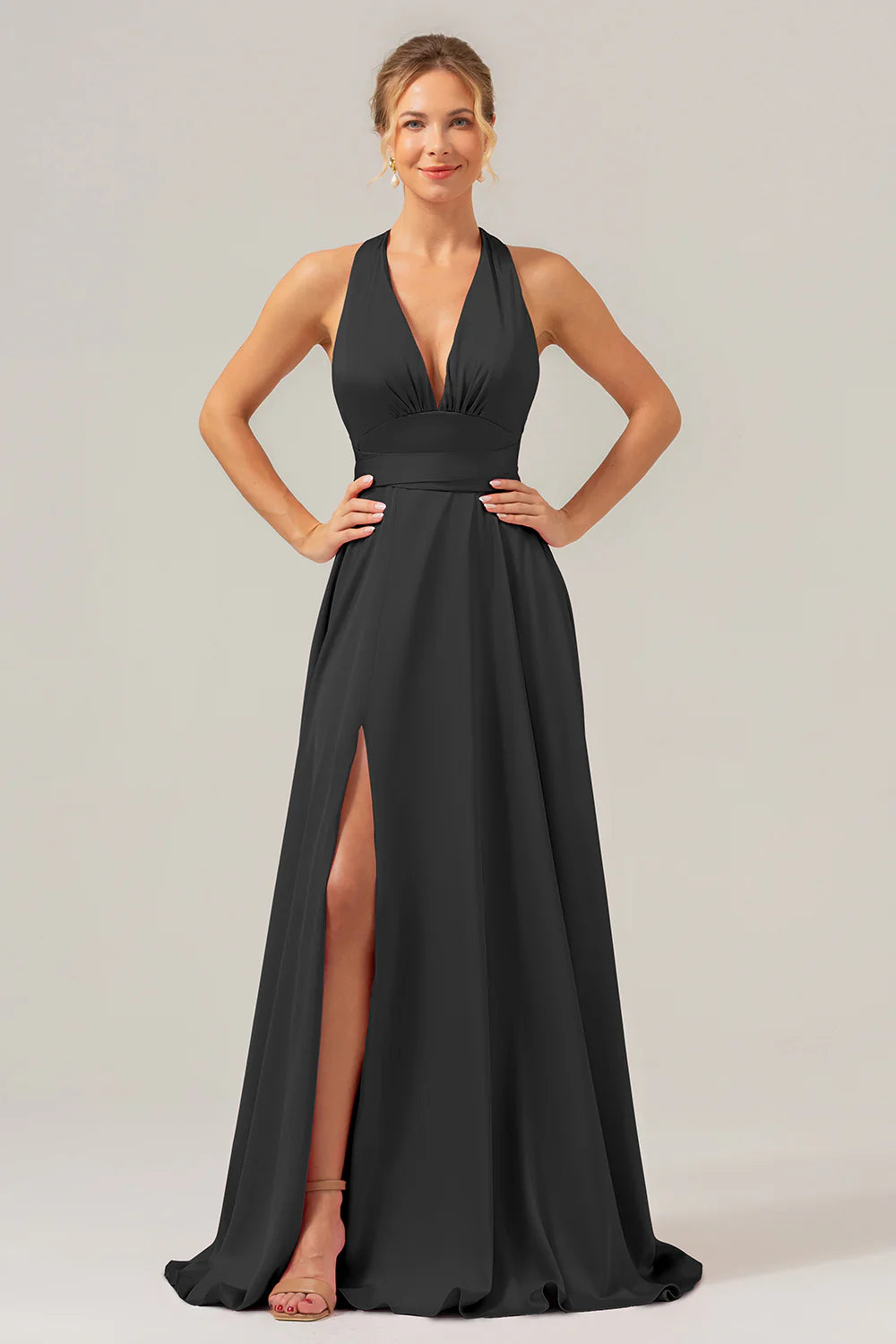 Pink A Line Deep V Neck Lace Up Back Long Satin Bridesmaid Dress with Slit