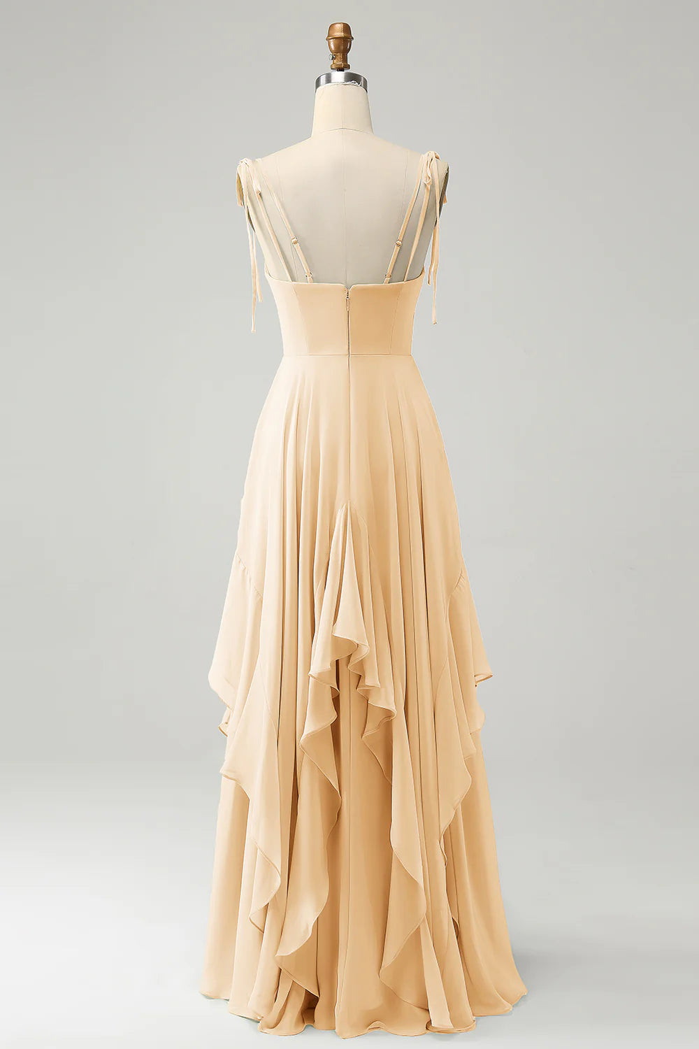 A Line Spaghetti Straps Chiffon Long Eucalyptus Bridesmaid Dress with Ruffles