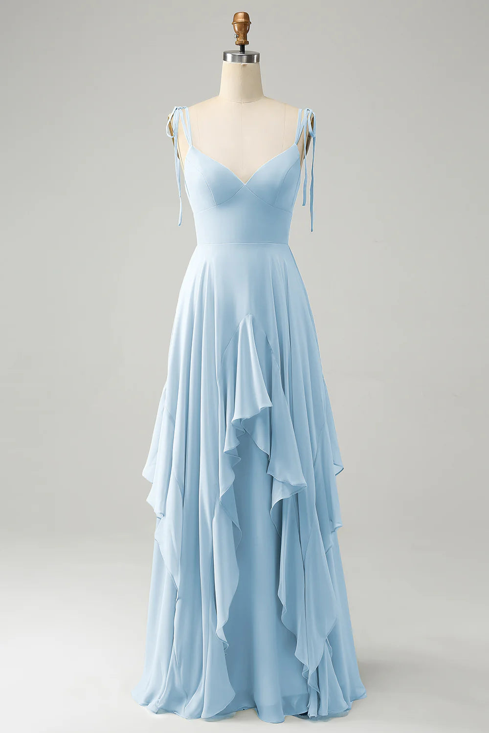 A Line Spaghetti Straps Chiffon Long Eucalyptus Bridesmaid Dress with Ruffles