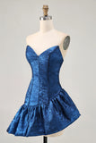 Metallic Dark Blue A Line Asymmetrical Short Homecoming Dress with Ruffles