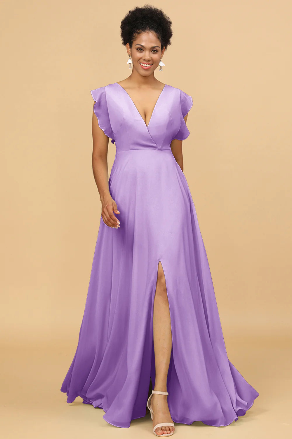 A Line V Neck Floor Length Chiffon Bridesmaid Dress with Slit