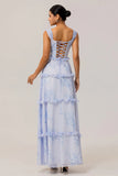 Blue Flower A Line Printed Long Bridesmaid Dress with Lace Up Back