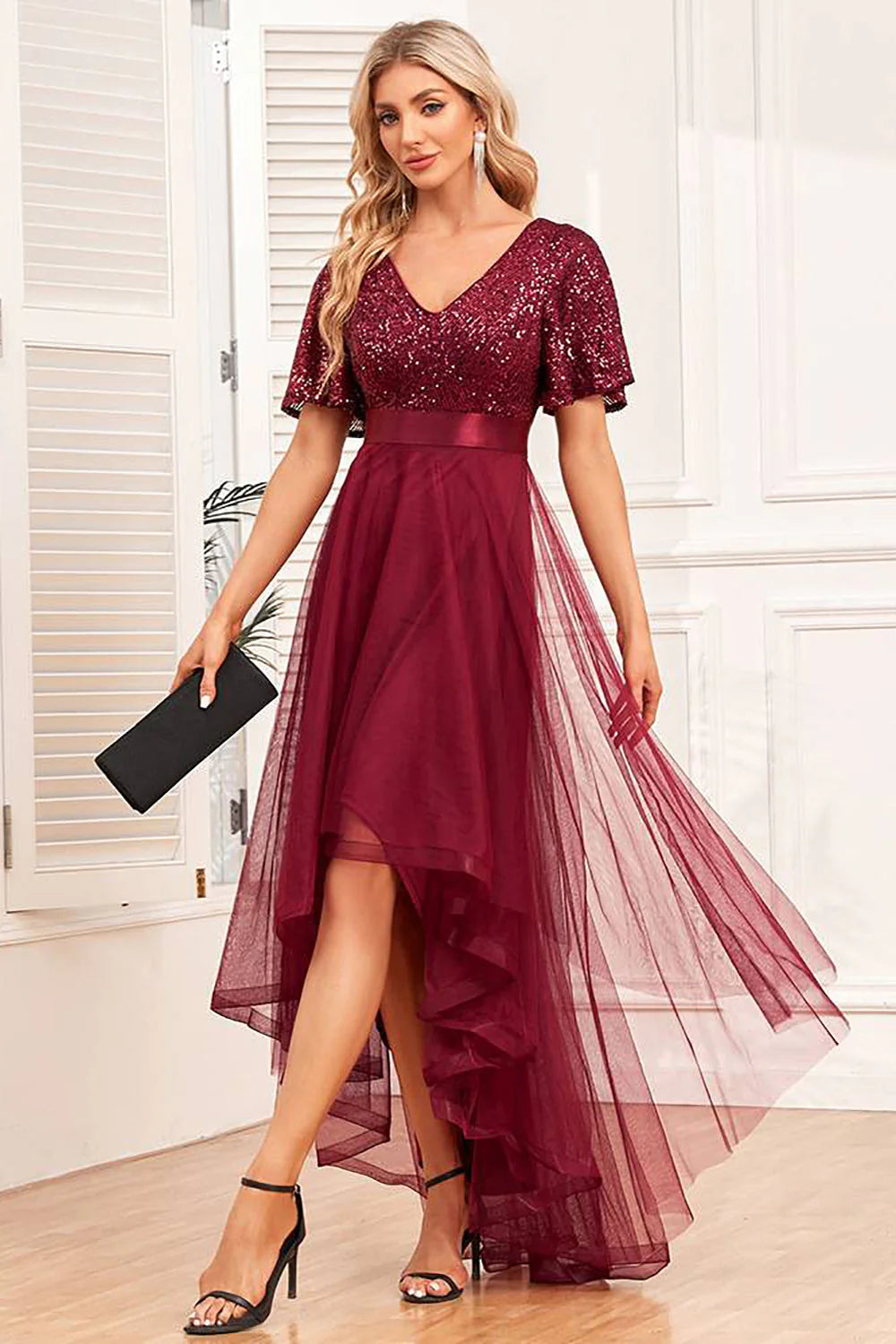 Burgundy A Line High Low Formal Dress with Sequins