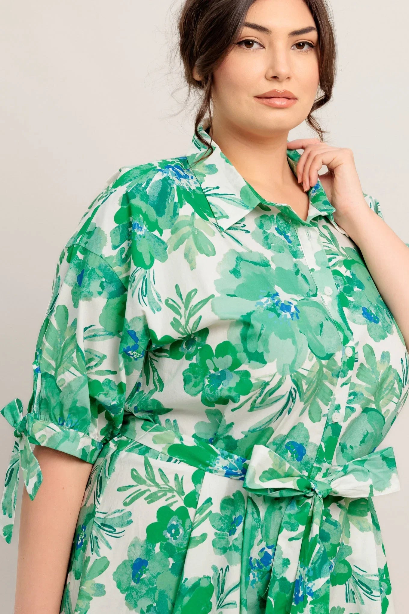 SIMPLY IN BLOOM GREEN FLORAL MIDI SHIRT DRESS