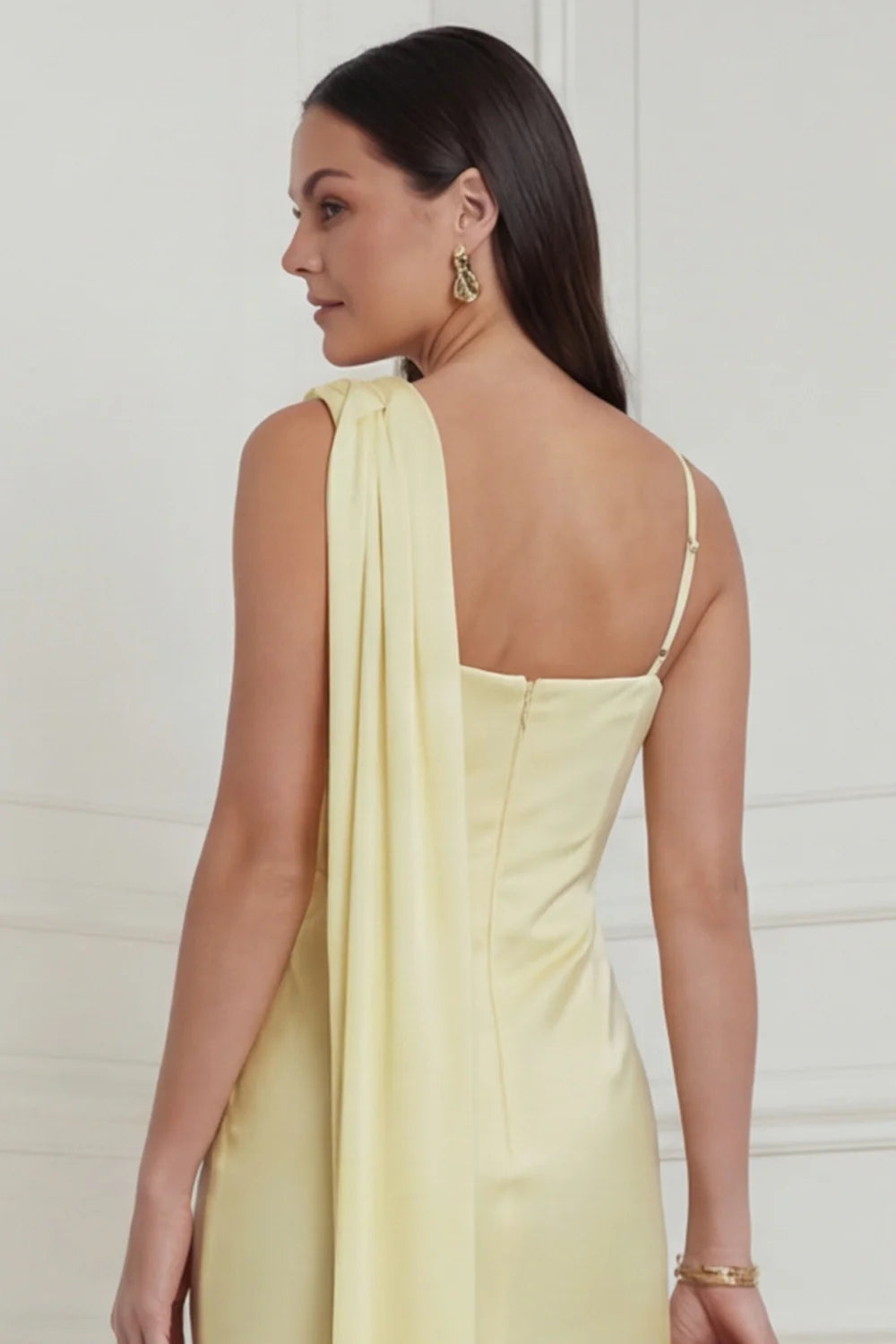 Daffodil Asymmetrical Neck Satin Wedding Guest Dress