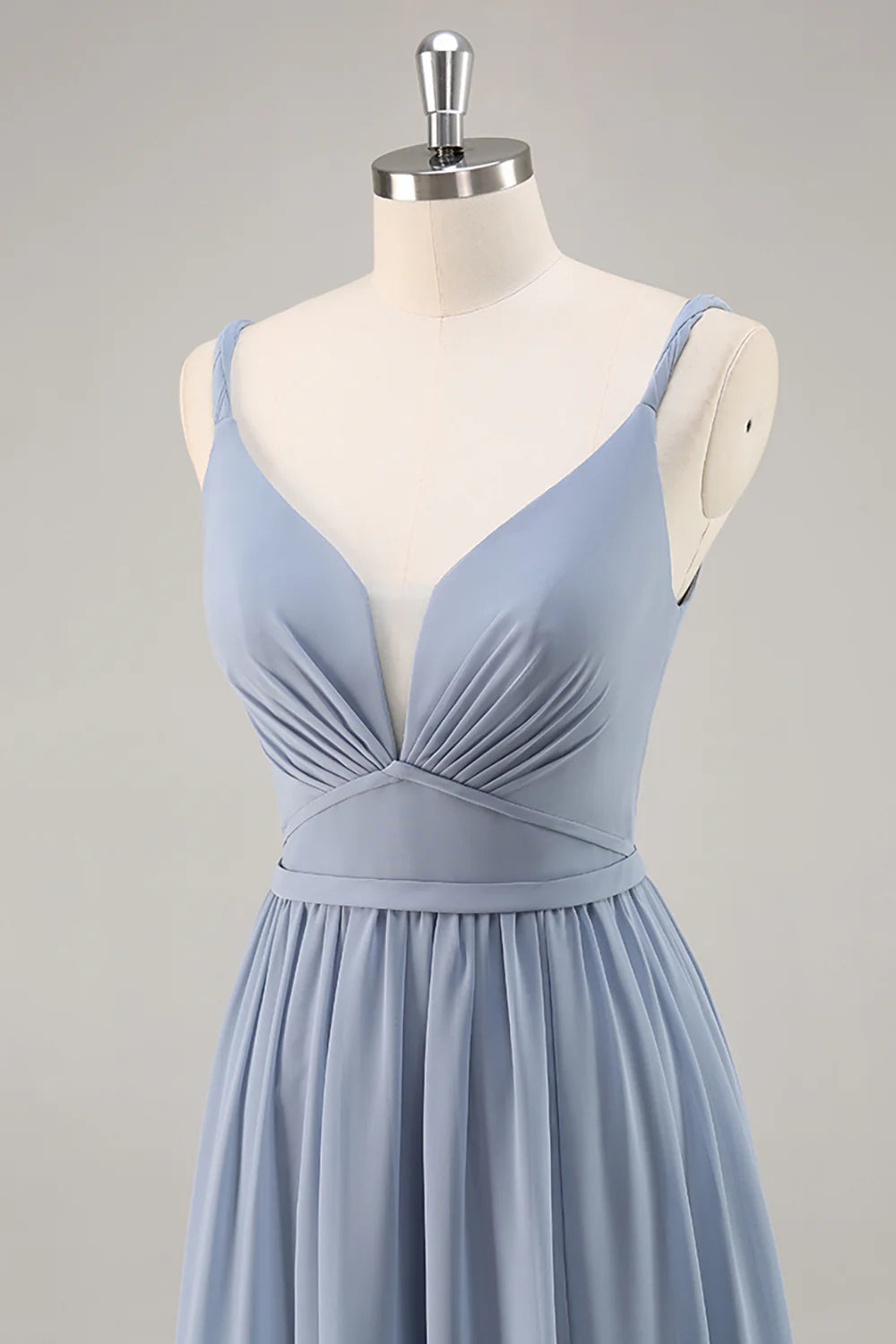 Dusty Blue A Line Spaghetti Straps Ruched Long Bridesmaid Dress with Slit