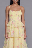 Tiered Corset A Line Floral Yellow Wedding Guest Dress