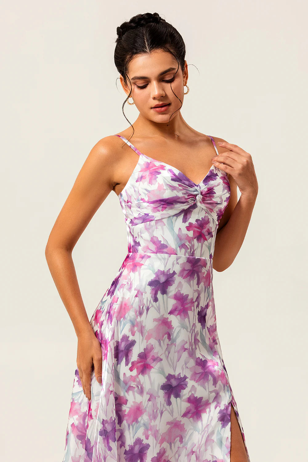 Purple Flower A Line Spaghetti Straps Front Knot Print Maxi Dress with Slit