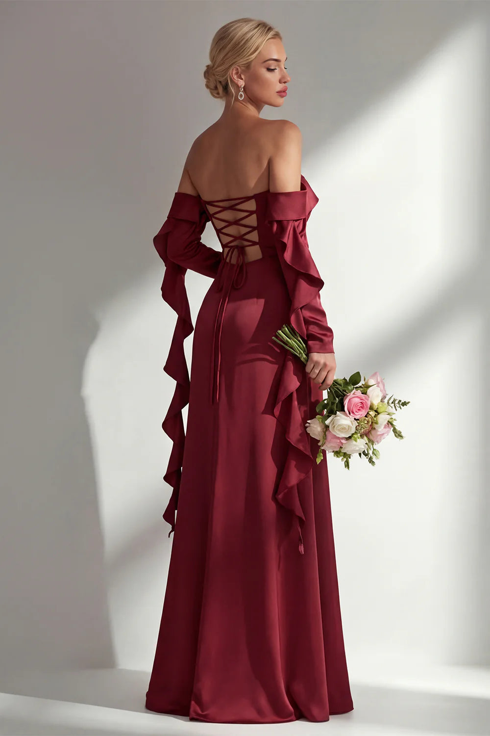 Burgundy Off The Shoulder Mermaid Ruffled Lace Up Back Long Bridesmaid Dress with Slit