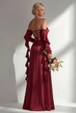 Burgundy Off The Shoulder Mermaid Ruffled Lace Up Back Long Bridesmaid Dress with Slit