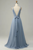 Dusty Blue A Line Deep V Neck Chiffon Bridesmaid Dress