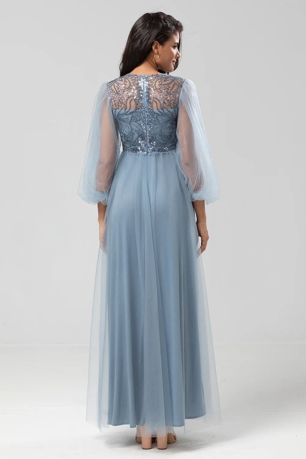 A Line Tulle Beaded Dusty Blue Bridesmaid Dress With Long Sleeves