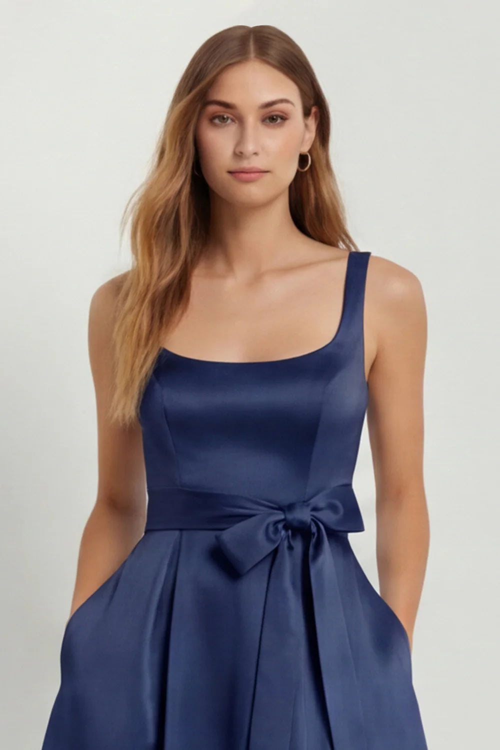 Light Blue A Line Square Neck Bow Satin Long Bridesmaid Dress with Slit