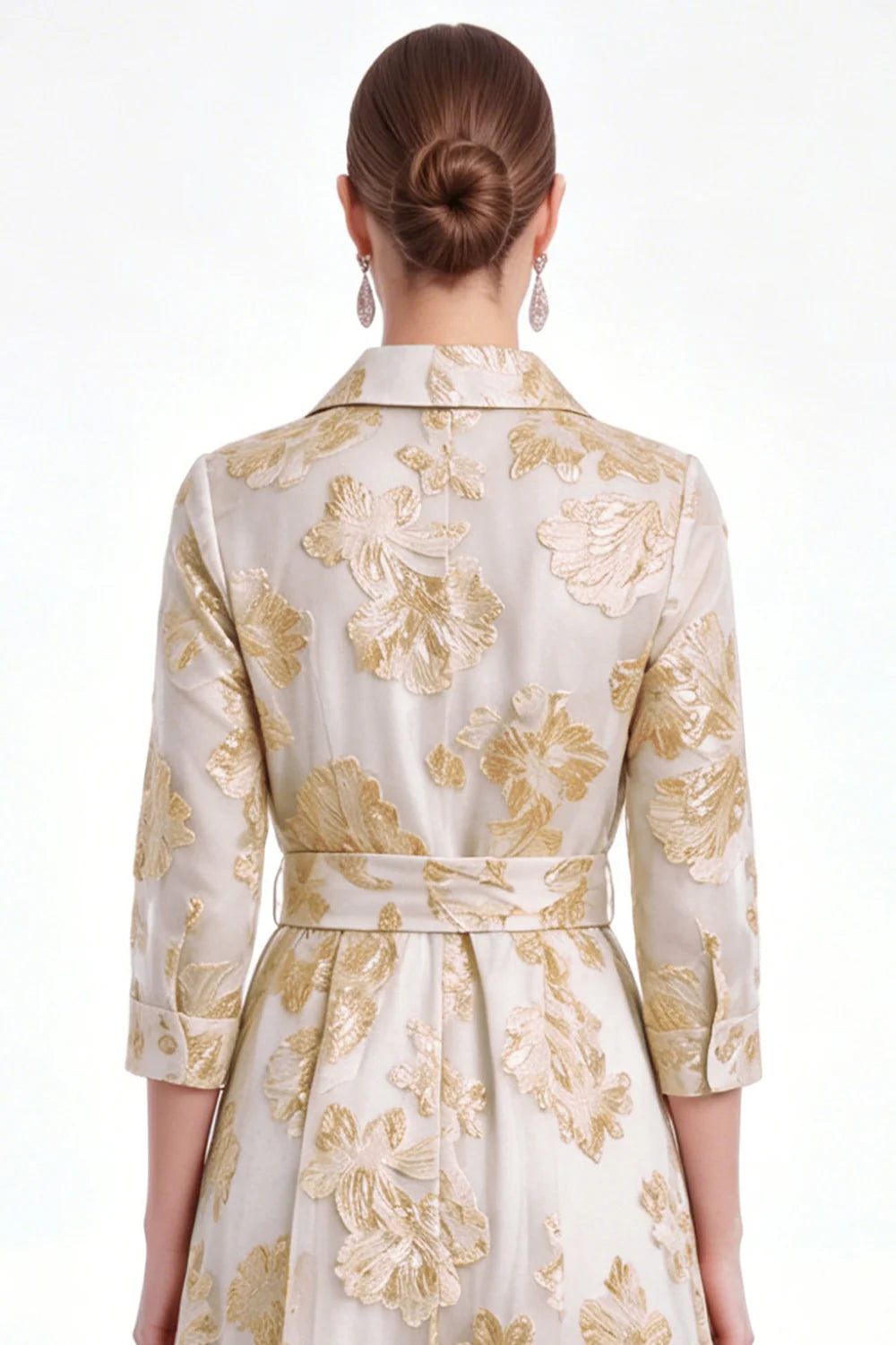 Gold Floral Jacquard A Line Collar Mother of the Bride Dress with 3 4 Sleeves