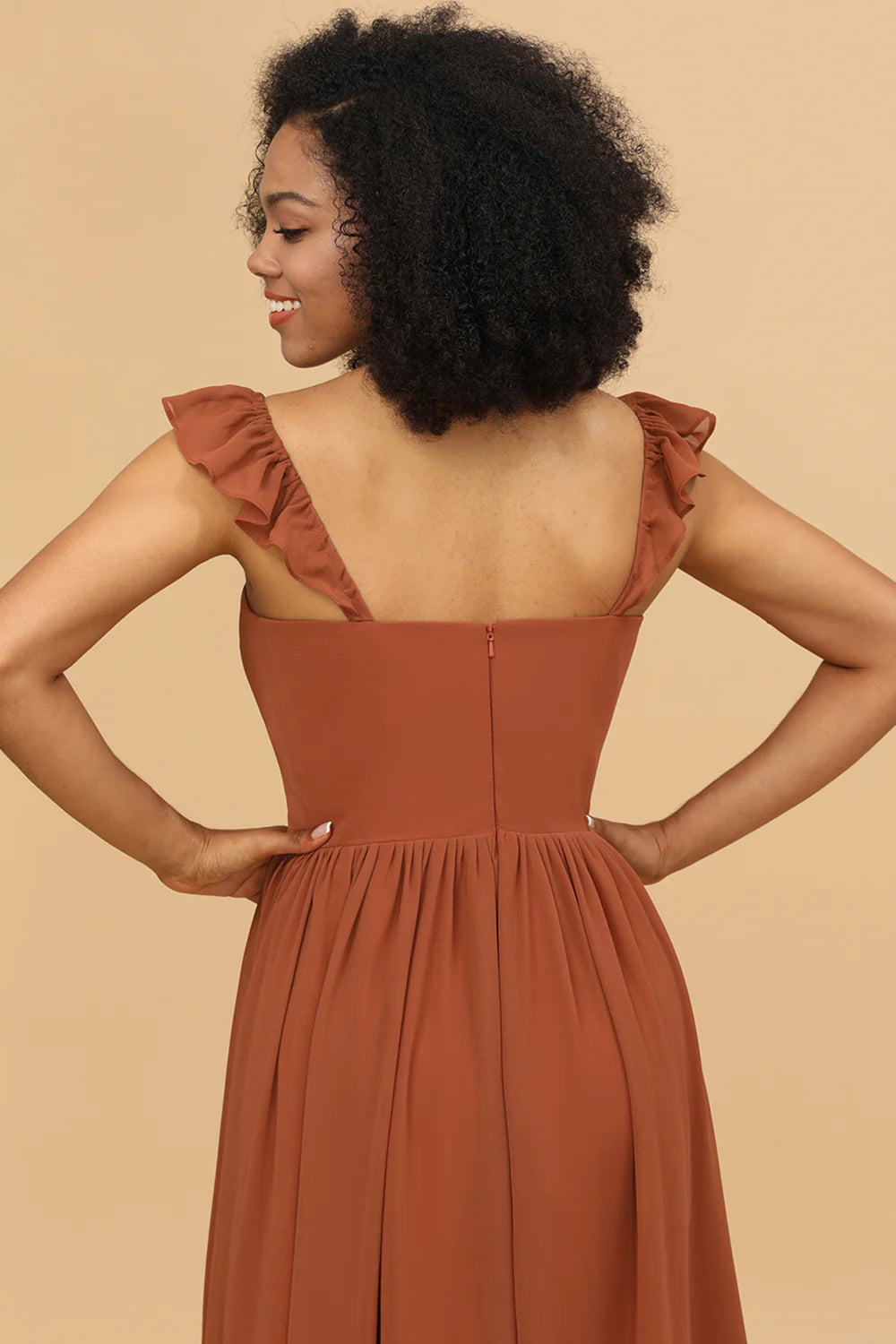 Terracotta A Line Floor Length Chiffon Bridesmaid Dress With Ruffles