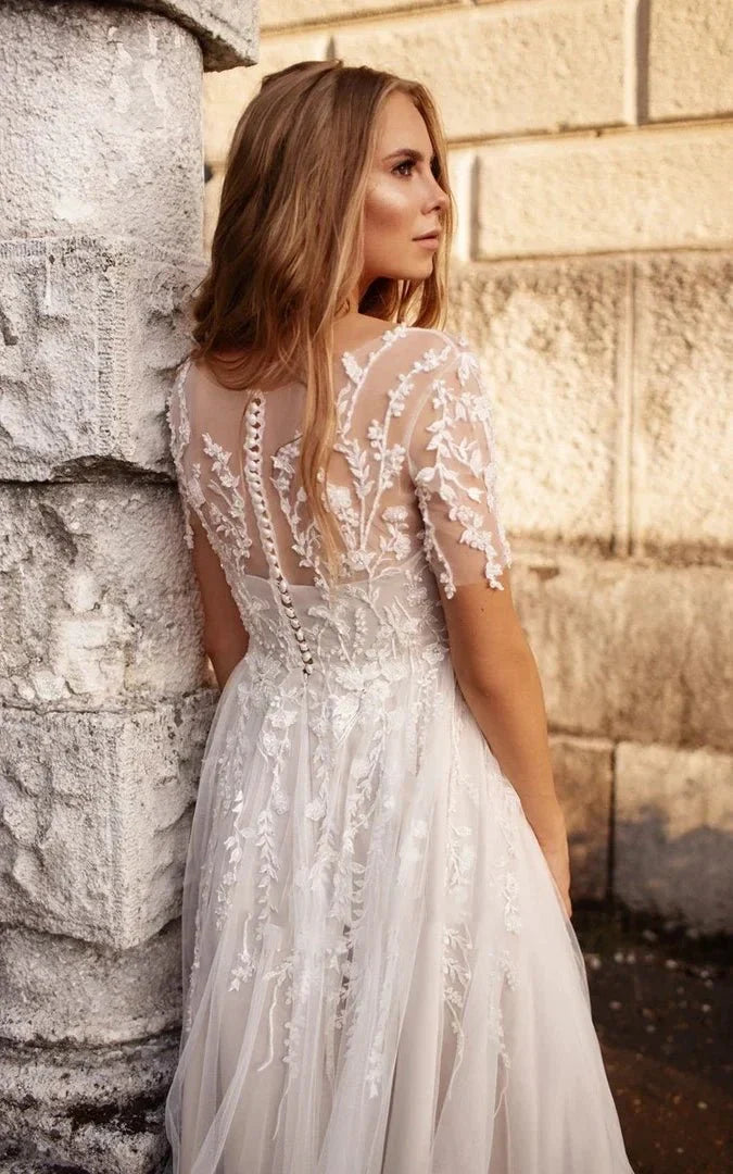 Tea Length Sleeves Ethereal Modern A Line V Neck Button Back Wedding Dress
