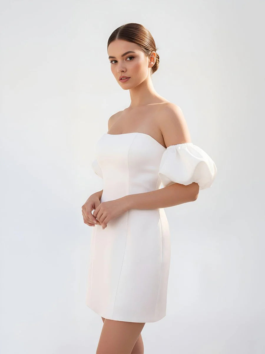 Short Satin White Wedding Dress Strapless Off the Shoulder