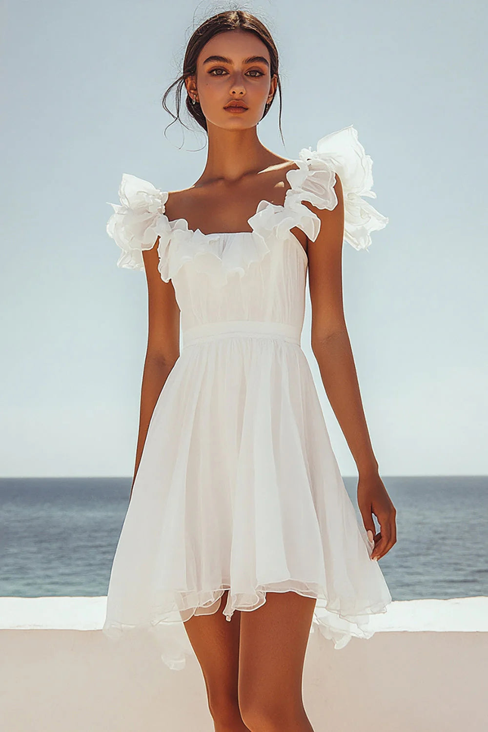 White A Line Graduation Dress with Ruffles