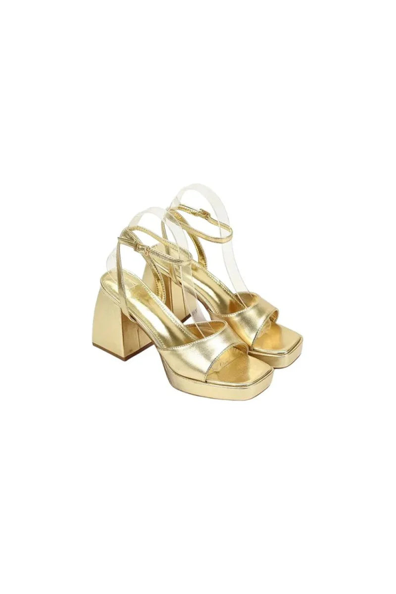 Gold Peep Toe Ankle Strap Chunky Heel Prom Shoes