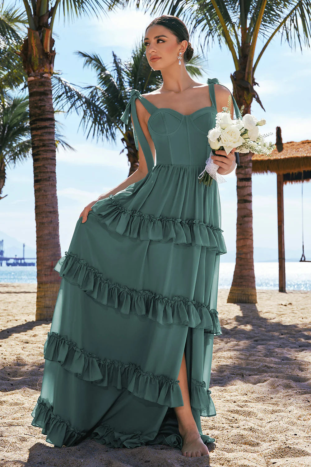 Eucalyptus A Line Bow Tie Straps Corset Tiered Long Bridesmaid Dress with Slit