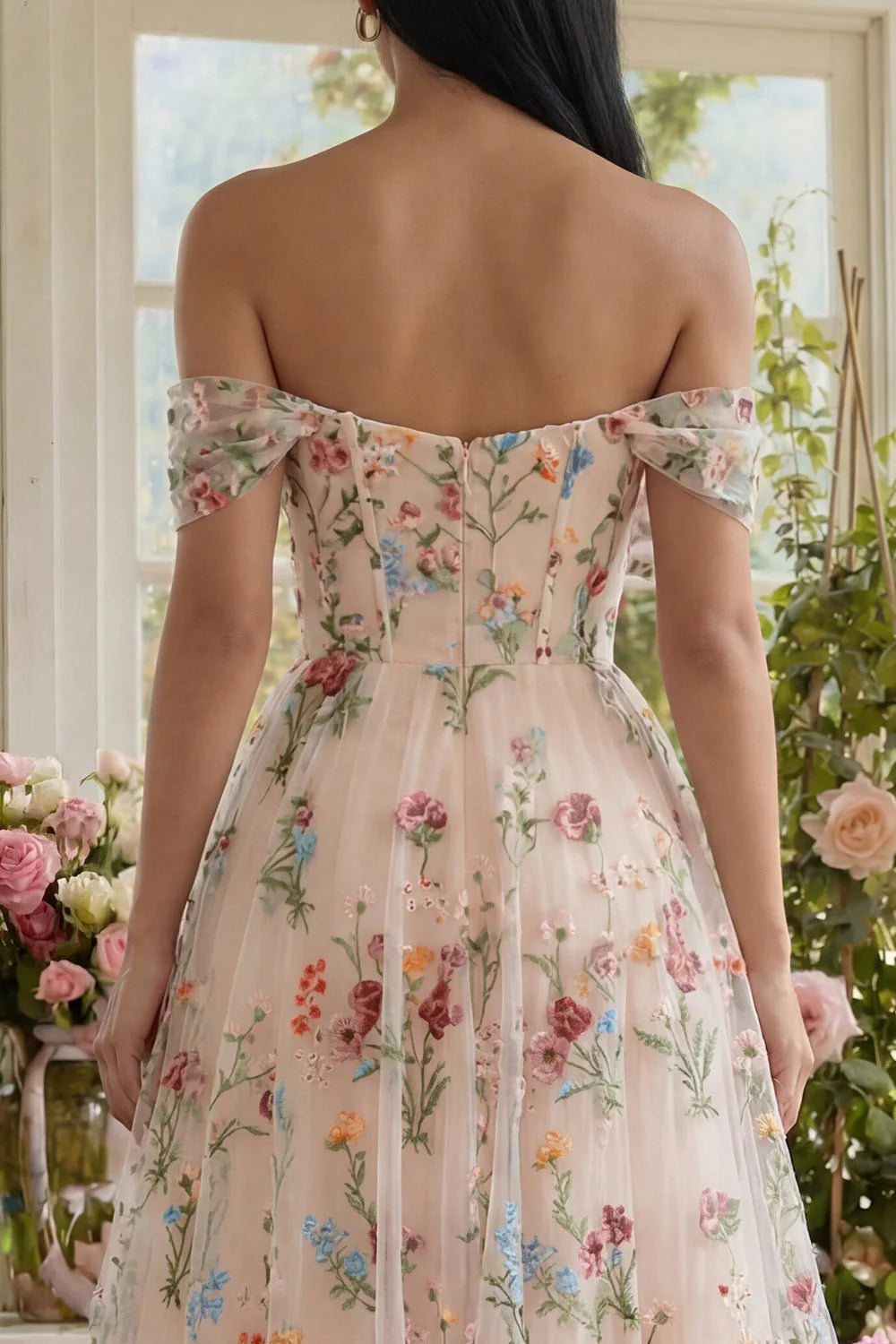 Black Off the Shoulder Floral A Line Midi Wedding Guest Dress