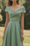 Off The Shoulder Sage Slim Formal Dress with Wide Hem