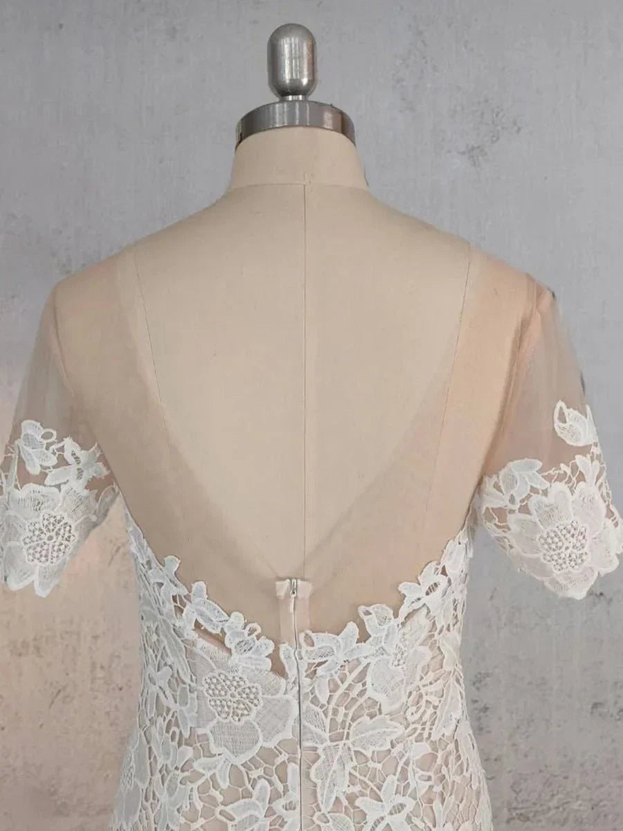 Mermaid Scoop Illusion Neck Floral Wedding Dress
