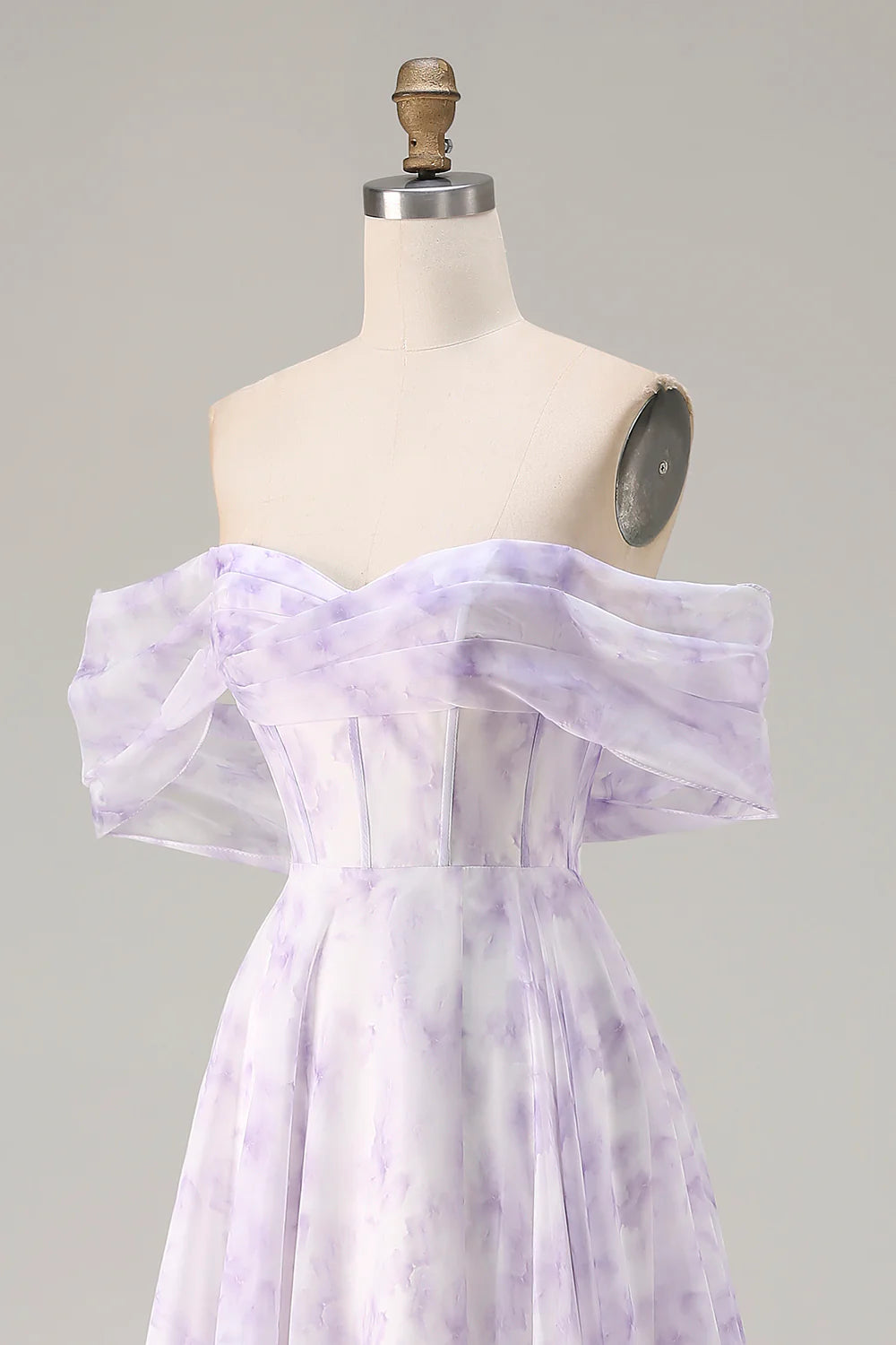 Lilac Off The Shoulder A Line Corset Print Floral Long Prom Dress with Slit