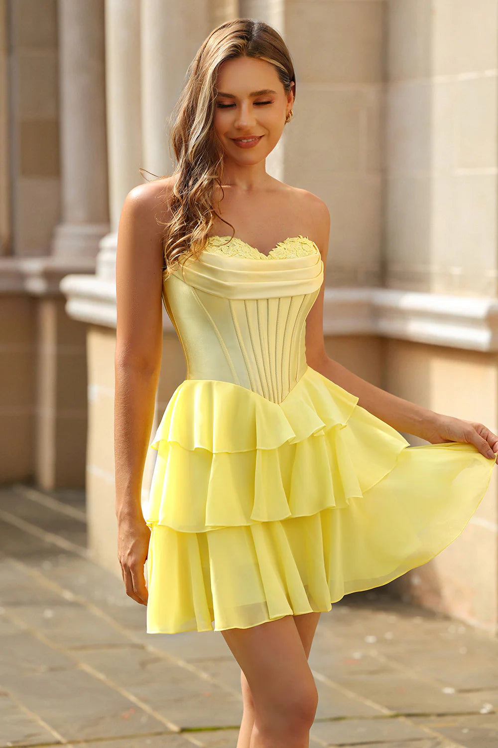 Blue Corset A Line Tiered Strapless Short Homecoming Dress
