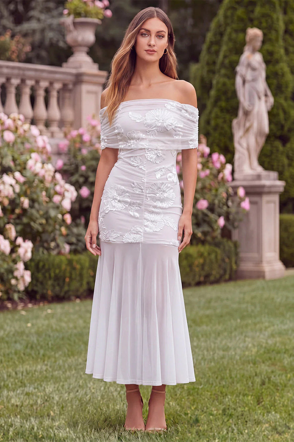 Off the Shoulder Baby Blue Mermaid Floral Wedding Guest Dress