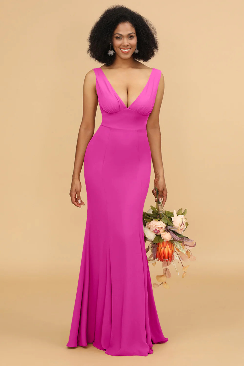 Mermaid V neck Open Back Long Chiffon Bridesmaid Dress With Ruffles