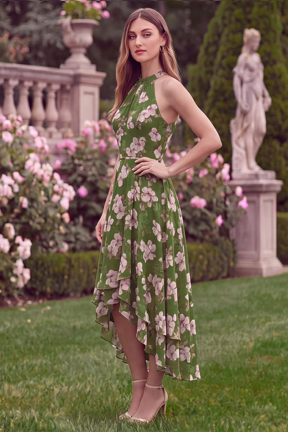 Halter Green Printed Flower A Line High Low Wedding Guest Dress