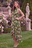 Halter Green Printed Flower A Line High Low Wedding Guest Dress