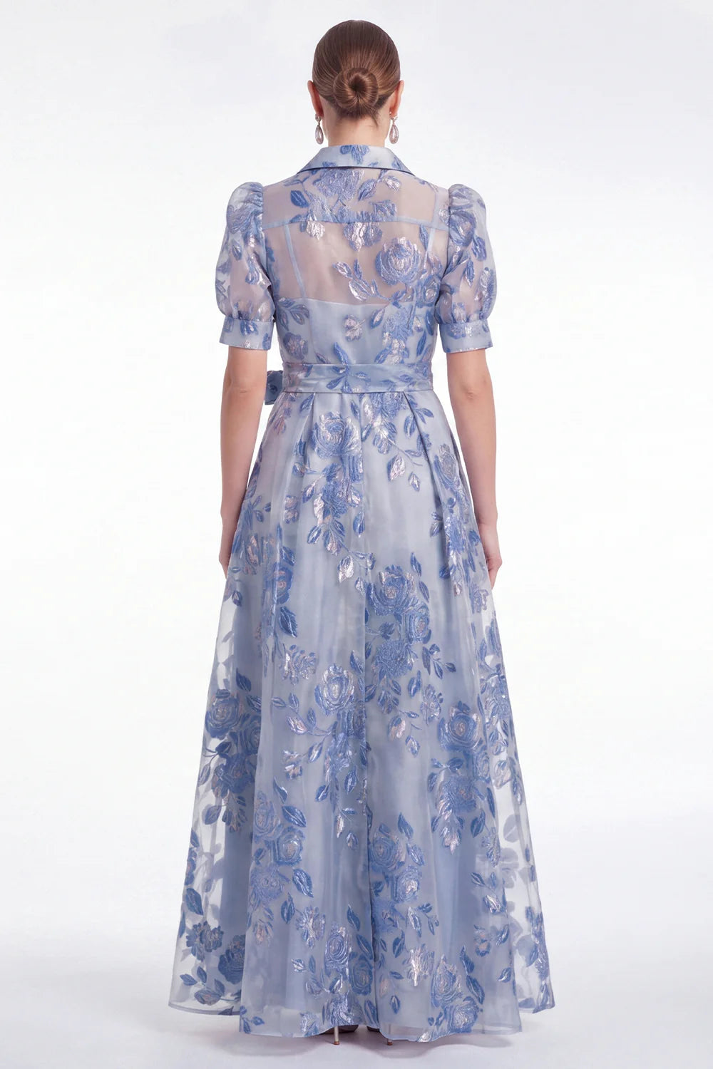Blue A Line Collar Floral Jacquard Mother of the Bride Dress with Half Sleeves