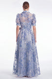 Blue A Line Collar Floral Jacquard Mother of the Bride Dress with Half Sleeves