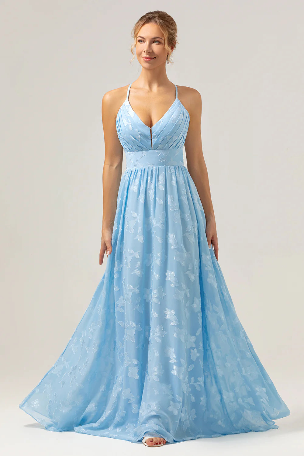 Light Blue A Line V Neck Pleated Long Embroidered Bridesmaid Dress