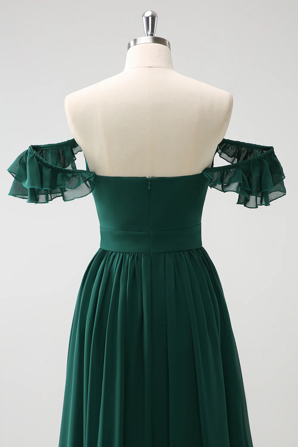 Dark Green A Line Off The Shoulder Chiffon Ruched Floor Length Bridesmaid Dress