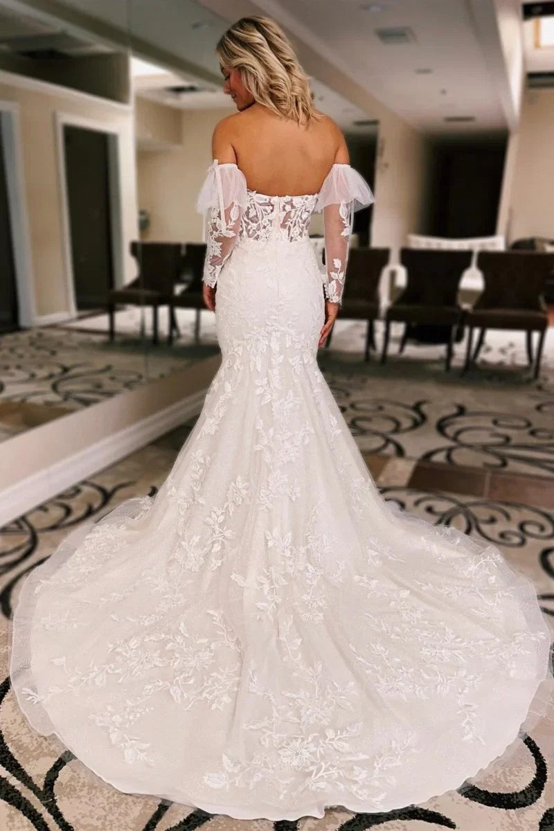 White Floral Lace Sweetheart Mermaid Wedding Dress with Detachable Sleeves