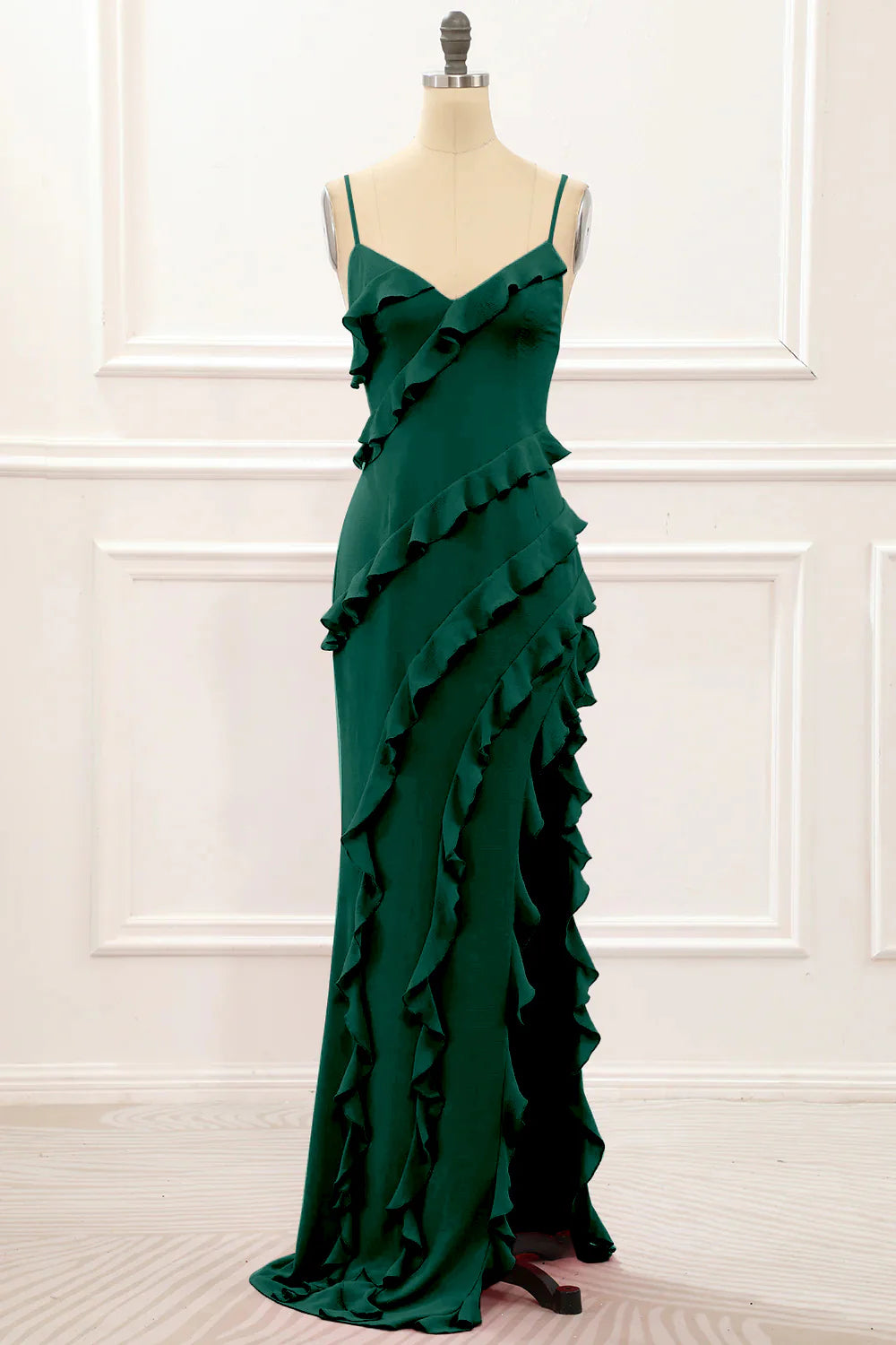 Spaghetti Straps Jade Tiered Mermaid Bridesmaid Dress With Slit