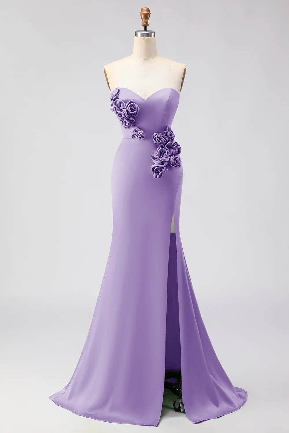 Green Strapless Mermaid 3D Flower Satin Long Prom Dress with Slit