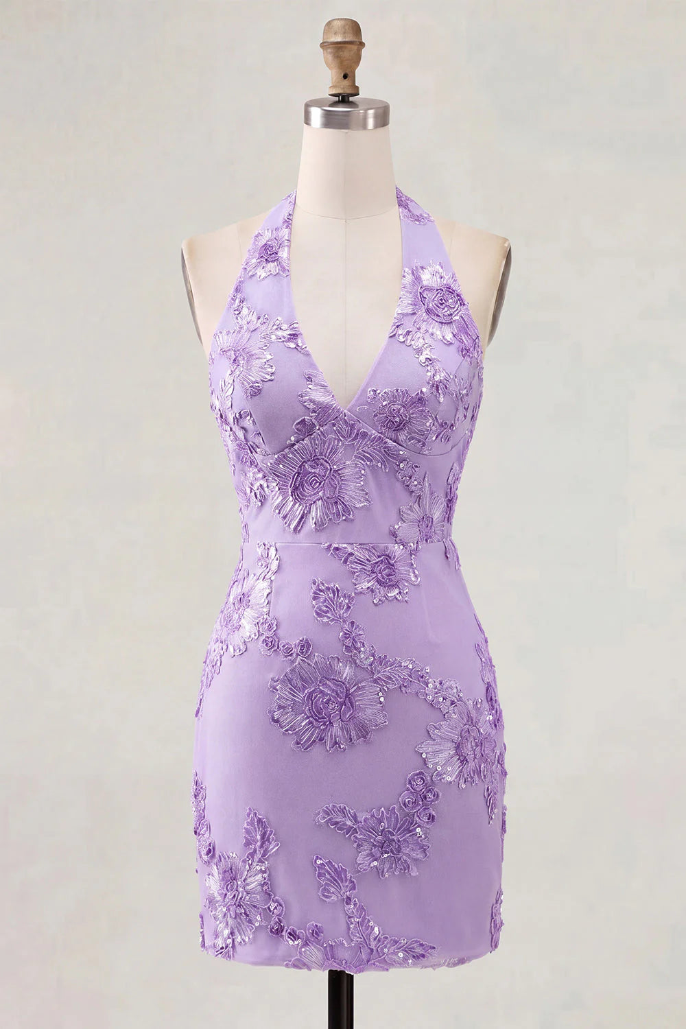 Light Blue Halter Bodycon Floral Short Homecoming Dress