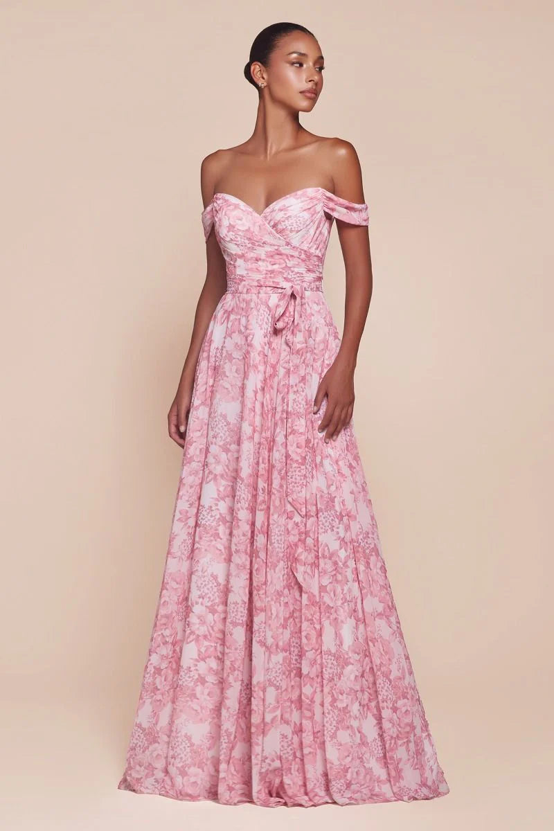 TILDA GOWN ROSE OFF THE SHOULDER FLORAL PRINTED A LINE DRESS
