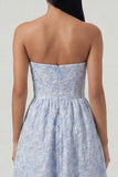 Blue Strapless Jacquard A Line Maxi Wedding Guest Dress