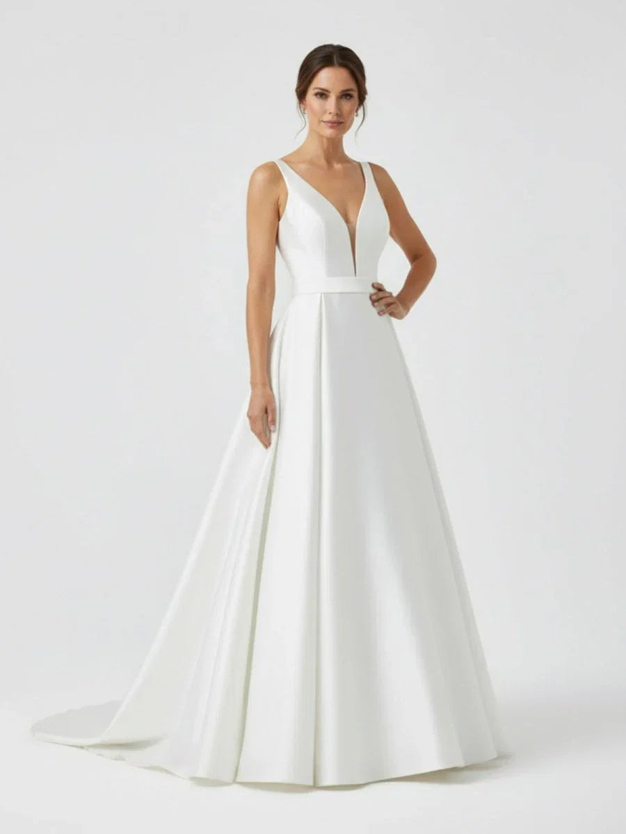 Ivory A Line Deep V Neck Long Wedding Dress with Bowknot